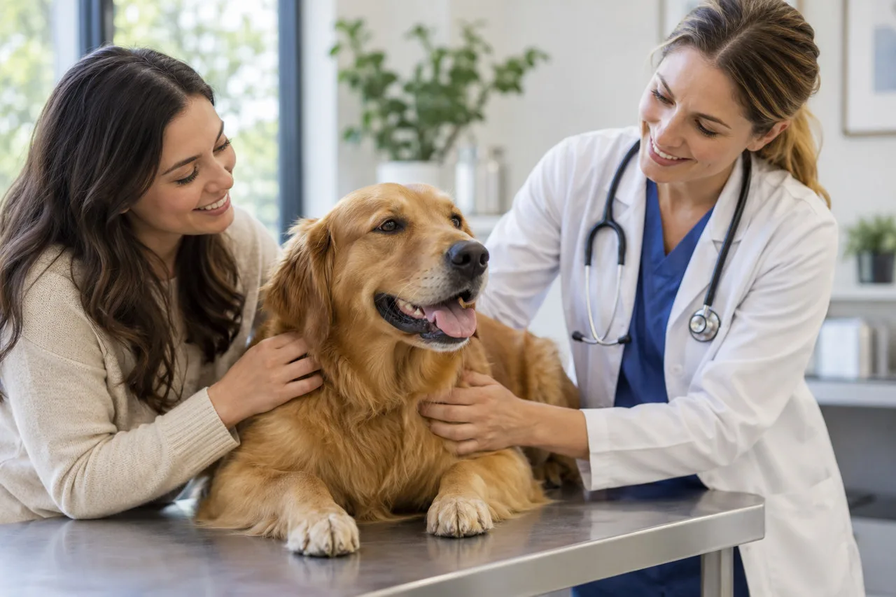 Owner talking with a veterinarian while holding a dog